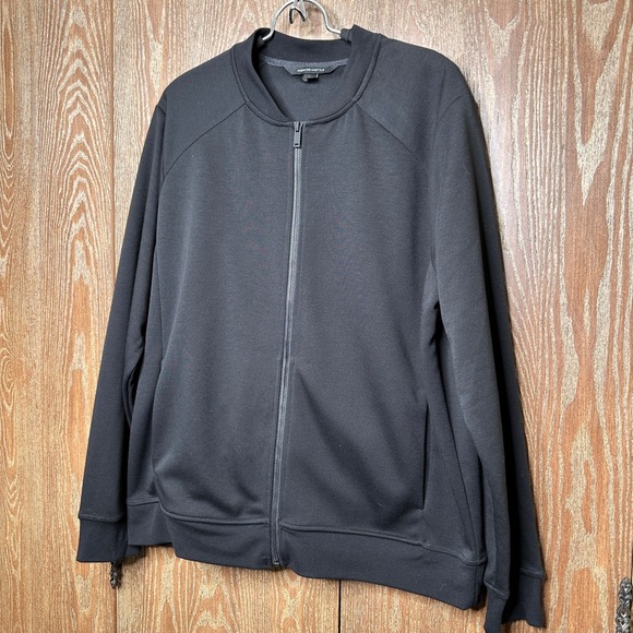 NWT MERCER + METTLE Black Double Knit Bomber Jacket Full Zip Rib Collar Cuffs Lg - Picture 2 of 9